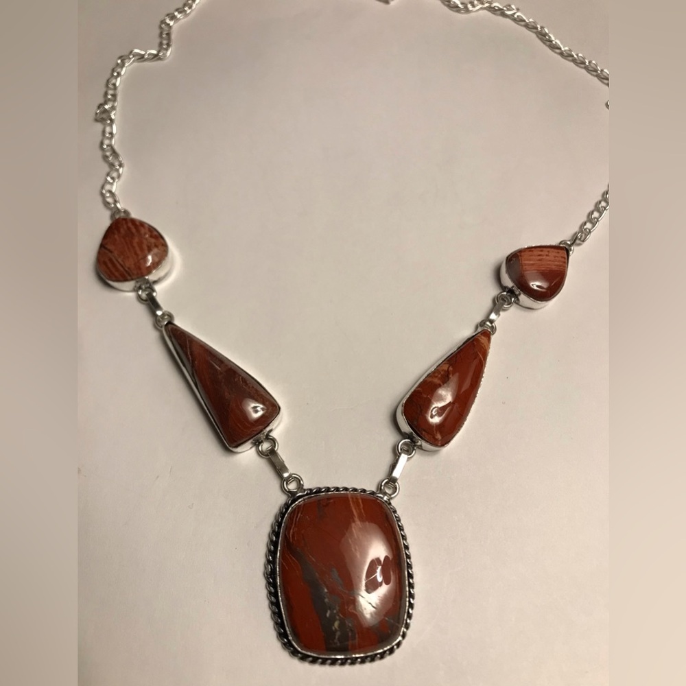 Red Jasper Stamped 925 Sterling Silver Necklace